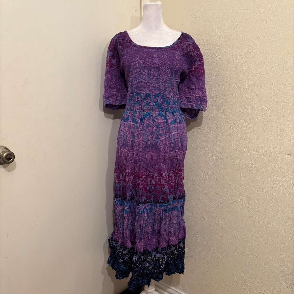 Purple Blue Batik Ombre Crinkle Cotton Midi Dress Short Sleeve Tiered Crinkle 3X